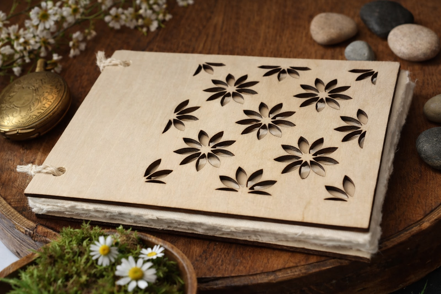 Carnet fleuri en papier chiffon &amp; couverture en contreplaqué – fait main