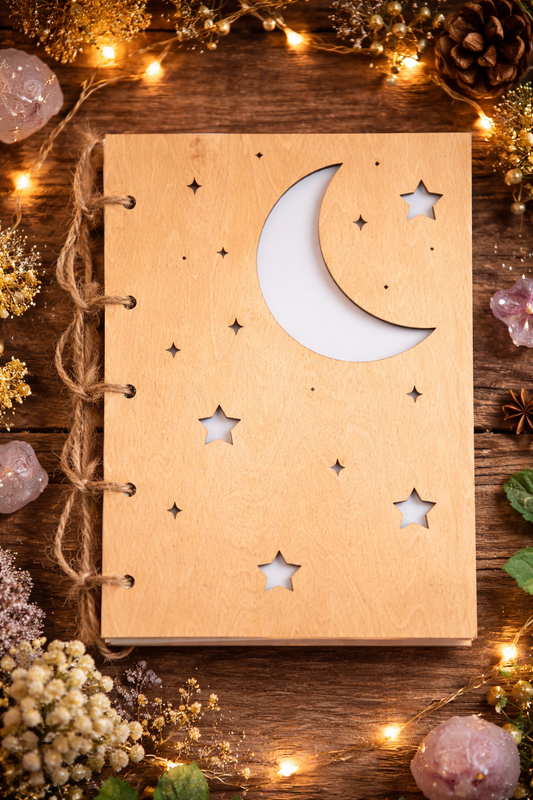 Carnet A5 en contreplaqué de bouleau 2 mm – Motif lune et étoiles