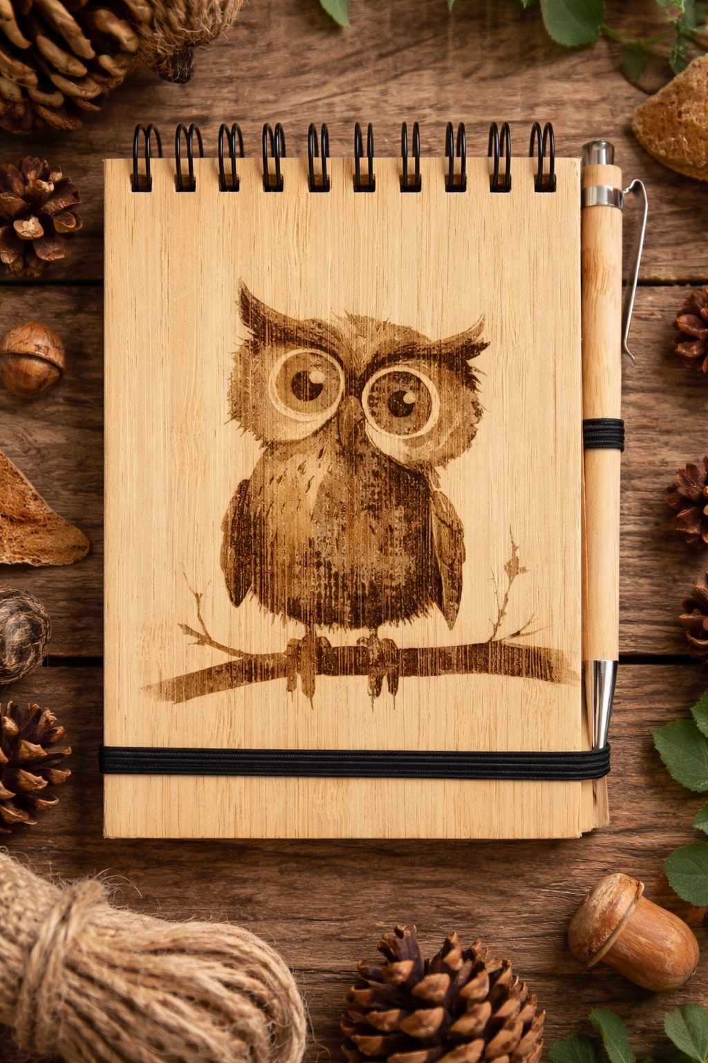 Carnet A6 en contreplaqué de bambou gravé – Chouette