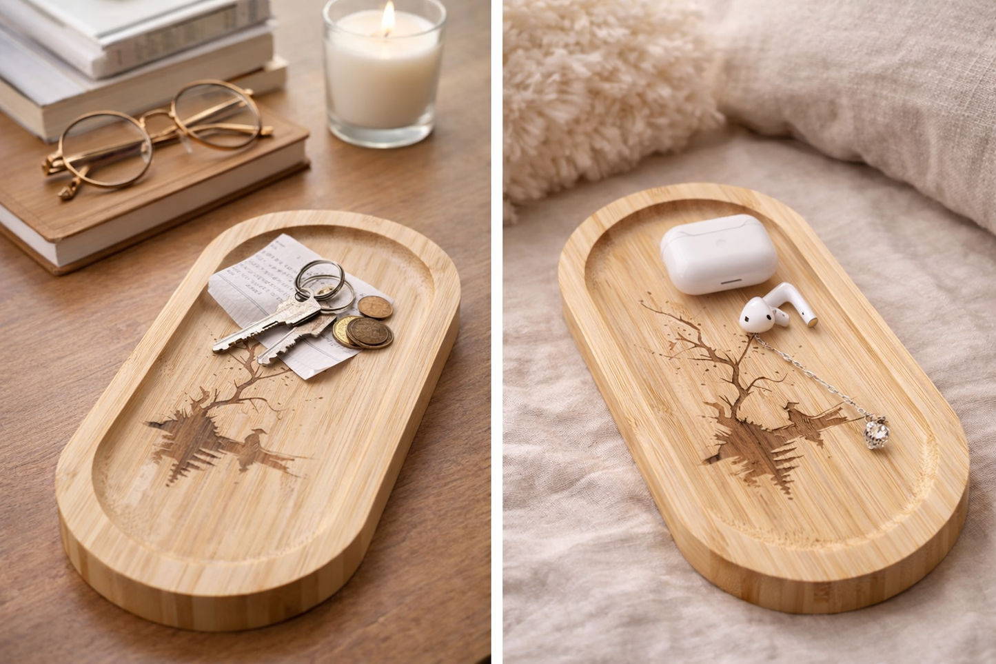 Le pêcheur matinal – vide-poche en bambou gravé