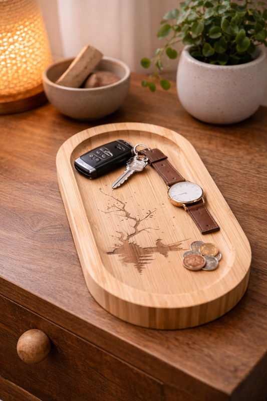 Le pêcheur matinal – vide-poche en bambou gravé